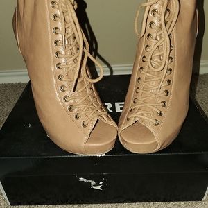 Express peeptoe booties in Camel, size 8